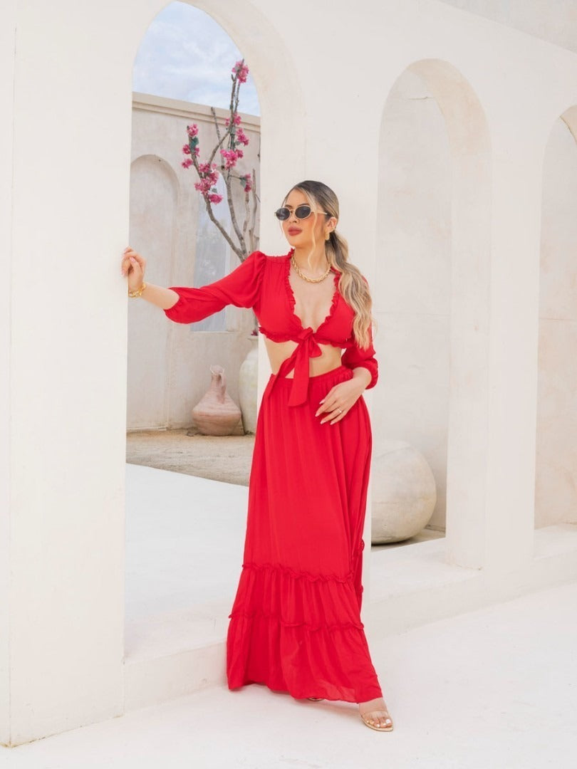  "Valeriana red skirt and blouse set - elegant summer two-piece outfit"