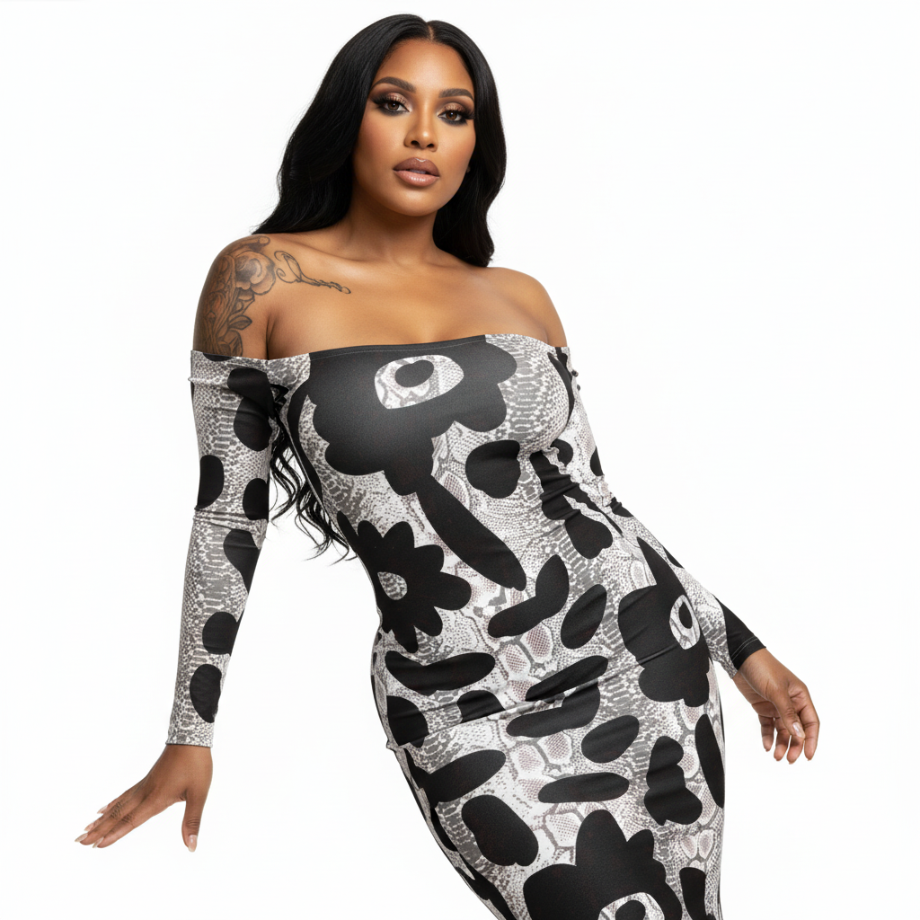 Black Flower Off-Shoulder Jersey Dress with Side Contour Panels