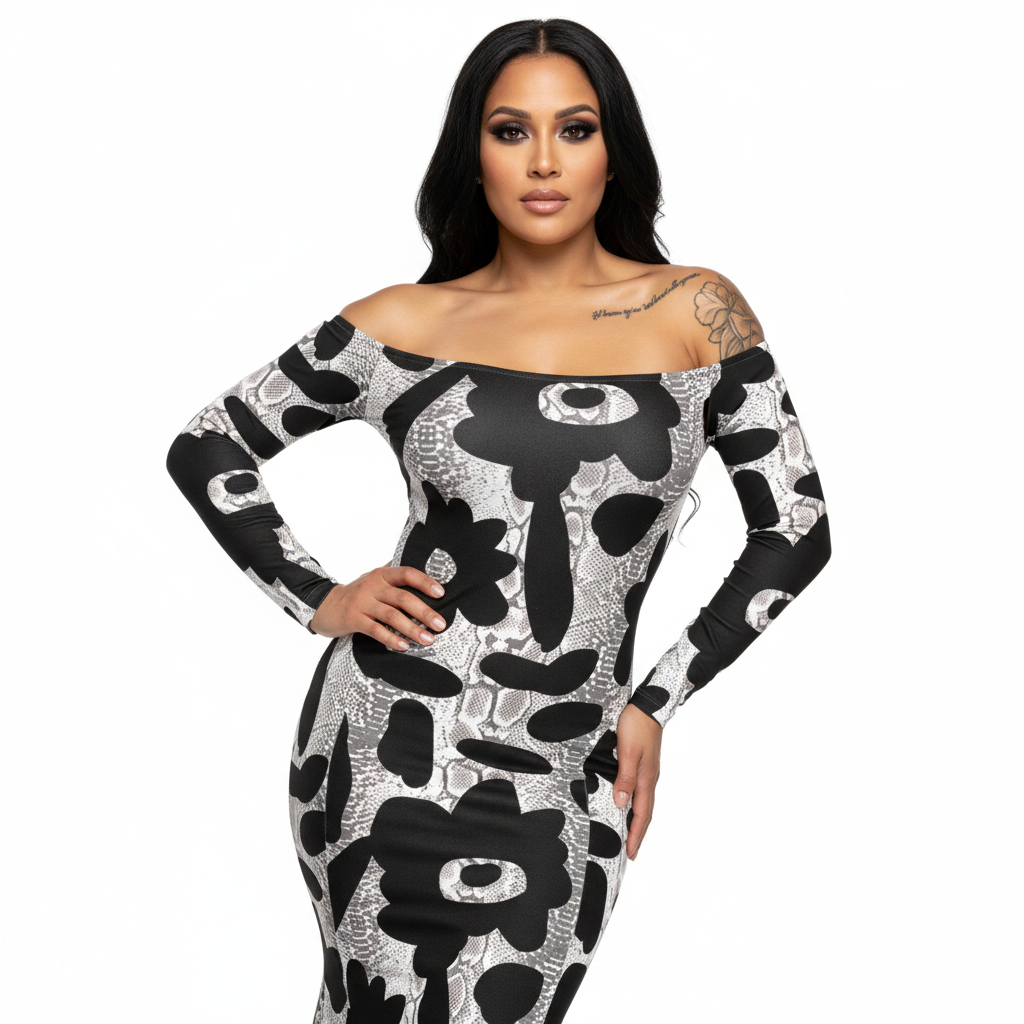 Black Flower Off-Shoulder Jersey Dress with Side Contour Panels