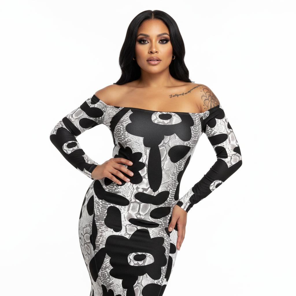 Black Flower Off-Shoulder Jersey Dress with Side Contour Panels