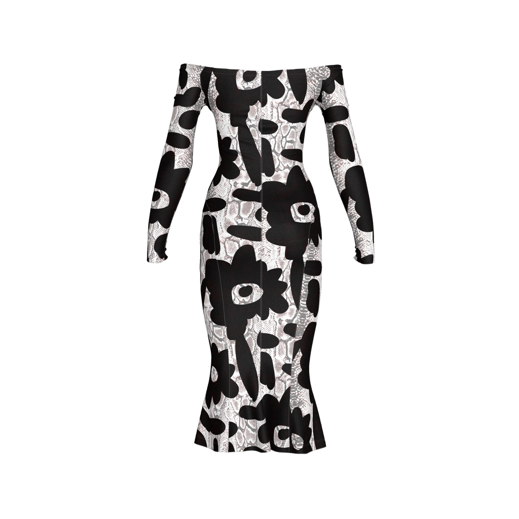 Black Flower Off-Shoulder Jersey Dress with Side Contour Panels