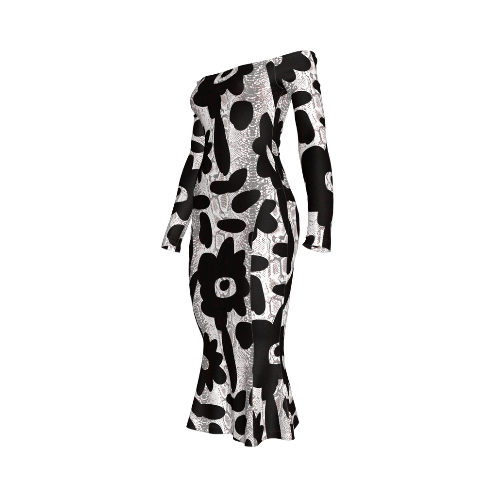 Black Flower Off-Shoulder Jersey Dress with Side Contour Panels