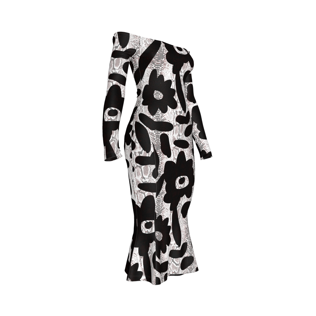 Black Flower Off-Shoulder Jersey Dress with Side Contour Panels