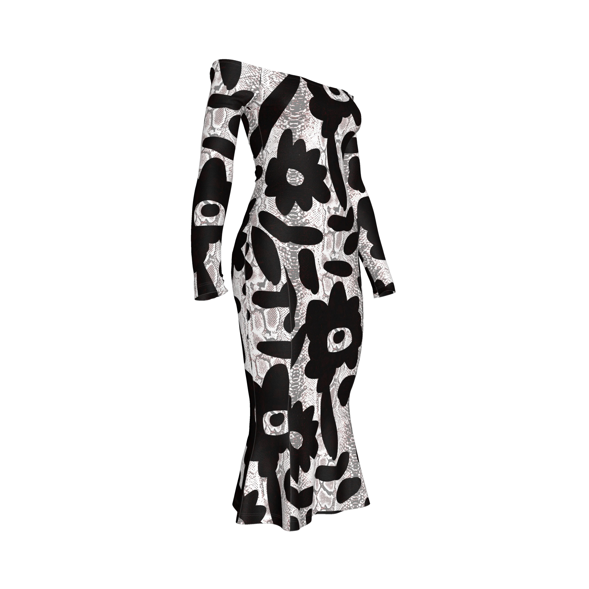 Black Flower Off-Shoulder Jersey Dress with Side Contour Panels